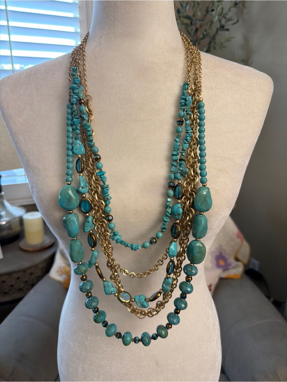 Chico's Turquoise and Gold Multi-Strand Statement Necklace